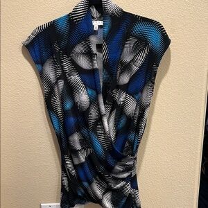 Chaus Black and White Wrap Blouse with Mandarin Collar